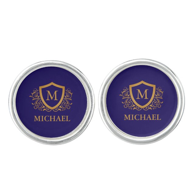 Navy Blue and Gold Personalized Monogram Name Cufflinks (Front)