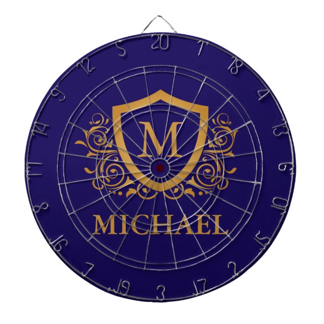 Navy Blue and Gold Personalized Monogram Name Dart Board (Front)