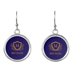 Navy Blue and Gold Personalized Monogram Name Earrings