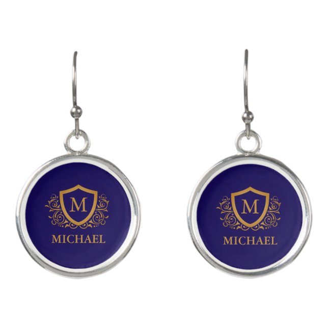 Navy Blue and Gold Personalized Monogram Name Earrings (Front)
