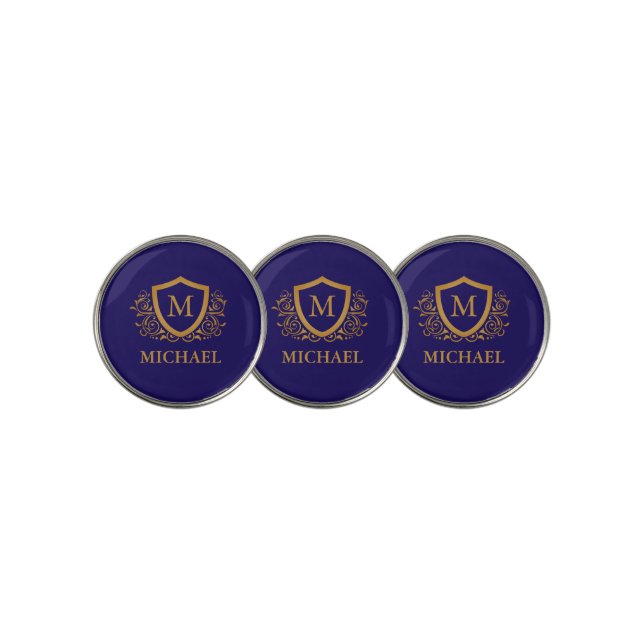 Navy Blue and Gold Personalized Monogram Name Golf Ball Marker (3 Up)