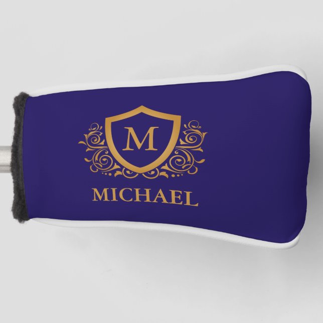 Navy Blue and Gold Personalized Monogram Name Golf Head Cover (Front)