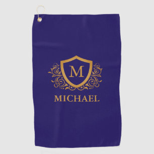 Navy Blue and Gold Personalized Monogram Name Golf Towel