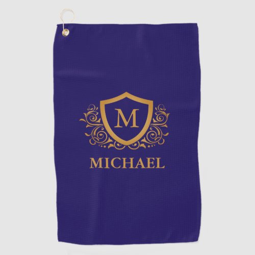 Navy Blue and Gold Personalized Monogram Name Golf Towel