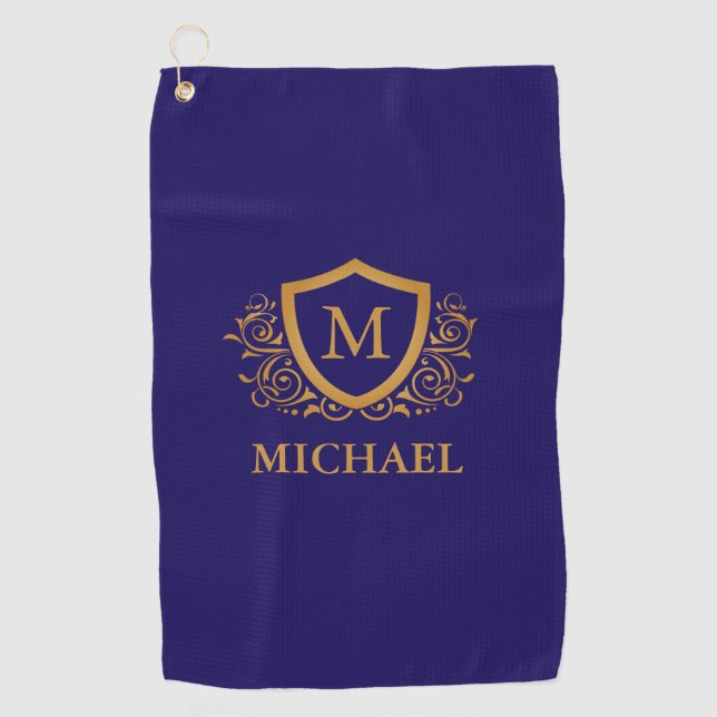 Navy Blue and Gold Personalized Monogram Name Golf Towel (Front)