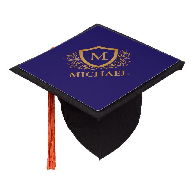 Navy Blue and Gold Personalized Monogram Name Graduation Cap Topper (Angled)