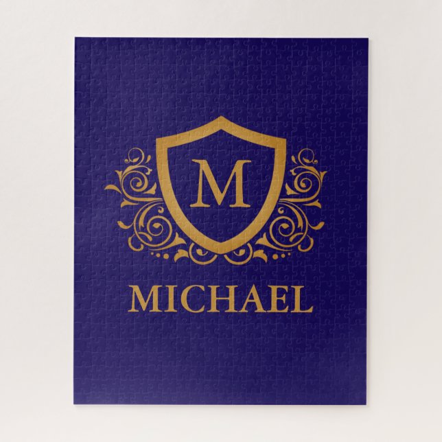 Navy Blue and Gold Personalized Monogram Name Jigsaw Puzzle (Vertical)