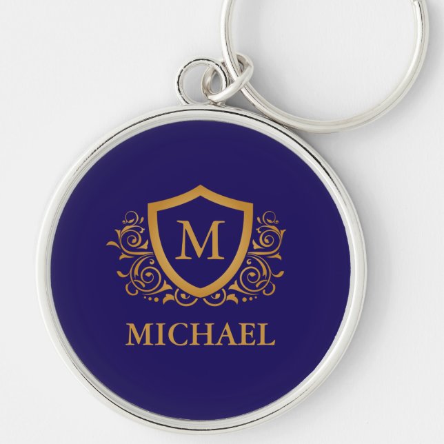 Navy Blue and Gold Personalized Monogram Name Keychain (Front)