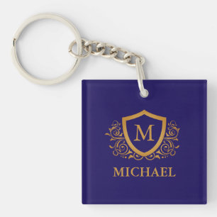 Navy Blue and Gold Personalized Monogram Name Keychain