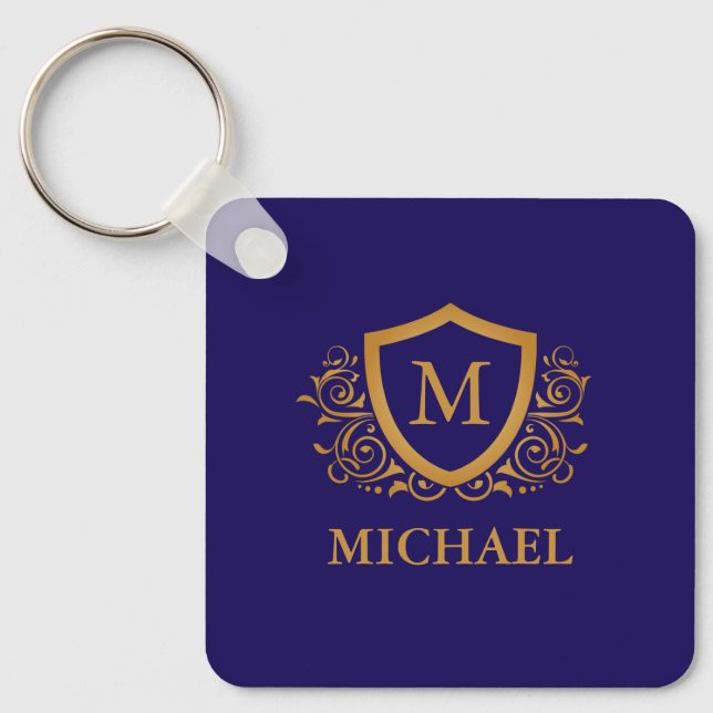 Navy Blue and Gold Personalized Monogram Name Keychain (Front)