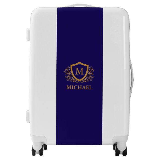 Navy Blue and Gold Personalized Monogram Name Luggage (Front)