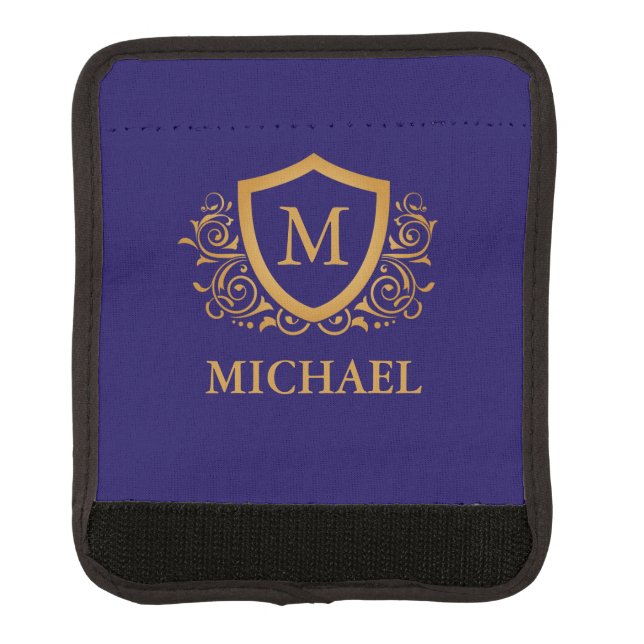 Navy Blue and Gold Personalized Monogram Name Luggage Handle Wrap (Front)
