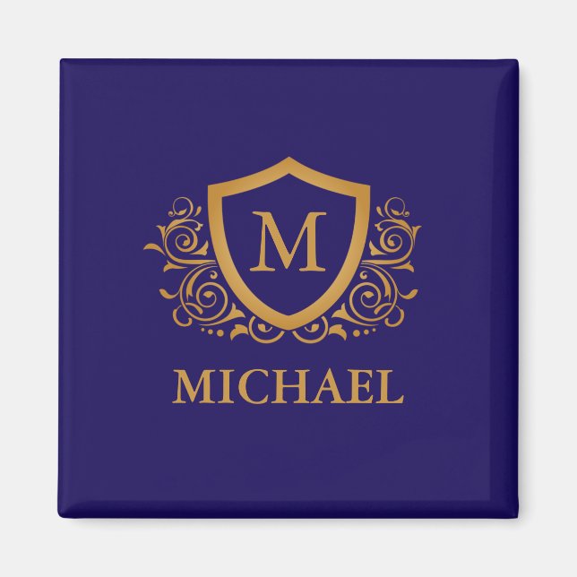 Navy Blue and Gold Personalized Monogram Name Magnet (Front)