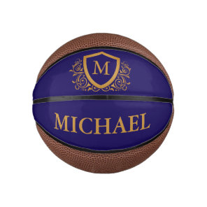 Navy Blue and Gold Personalized Monogram Name Mini Basketball