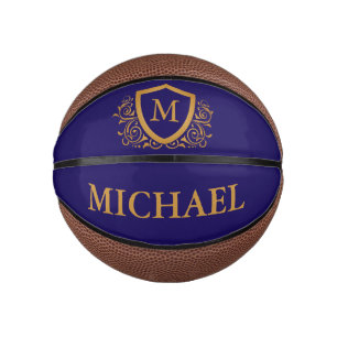 Navy Blue and Gold Personalized Monogram Name Mini Basketball