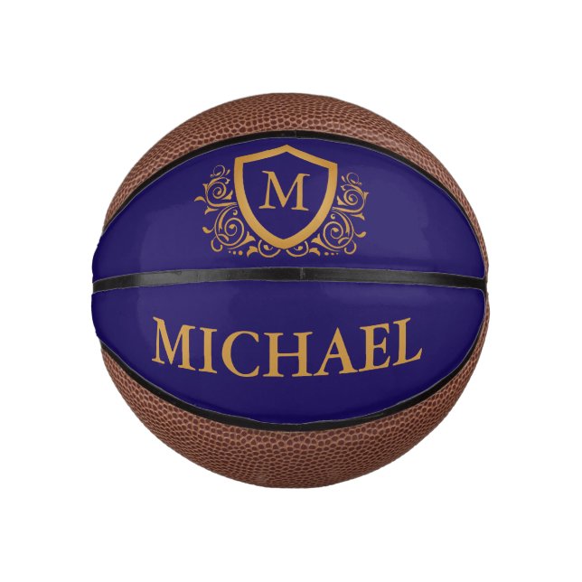 Navy Blue and Gold Personalized Monogram Name Mini Basketball (Front)