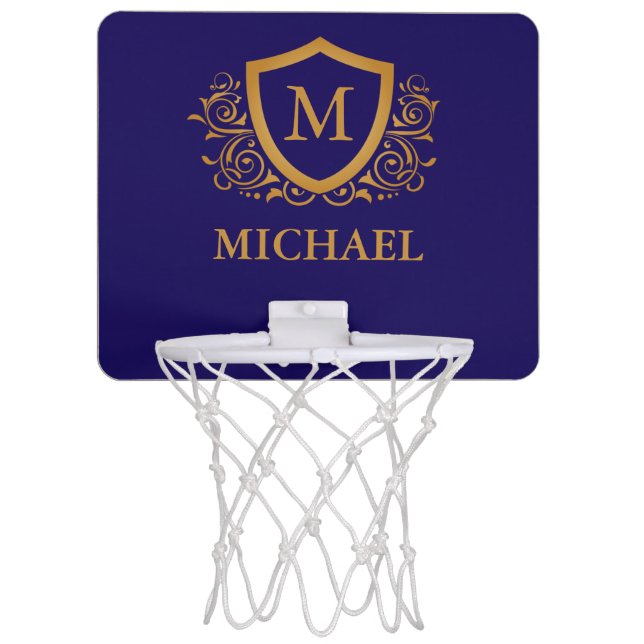 Navy Blue and Gold Personalized Monogram Name Mini Basketball Hoop (Front)