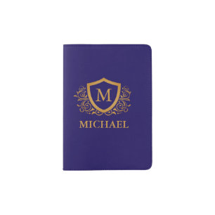 Navy Blue and Gold Personalized Monogram Name Passport Holder