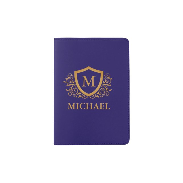 Navy Blue and Gold Personalized Monogram Name Passport Holder (Front)