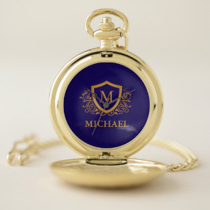 Navy Blue and Gold Personalized Monogram Name Pocket Watch