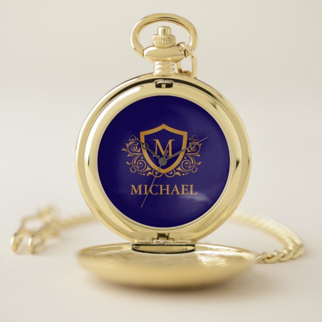 Navy Blue and Gold Personalized Monogram Name Pocket Watch (Inside)