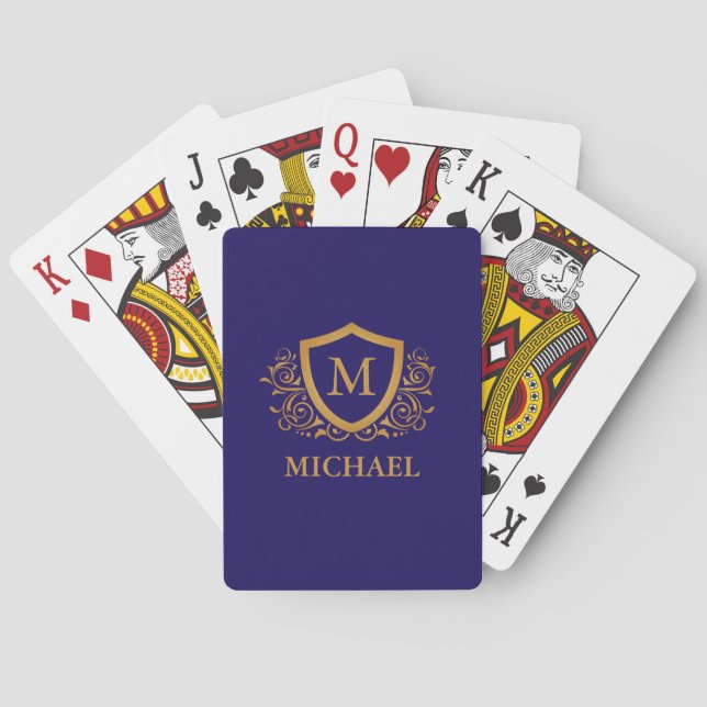 Navy Blue and Gold Personalized Monogram Name Poker Cards (Back)