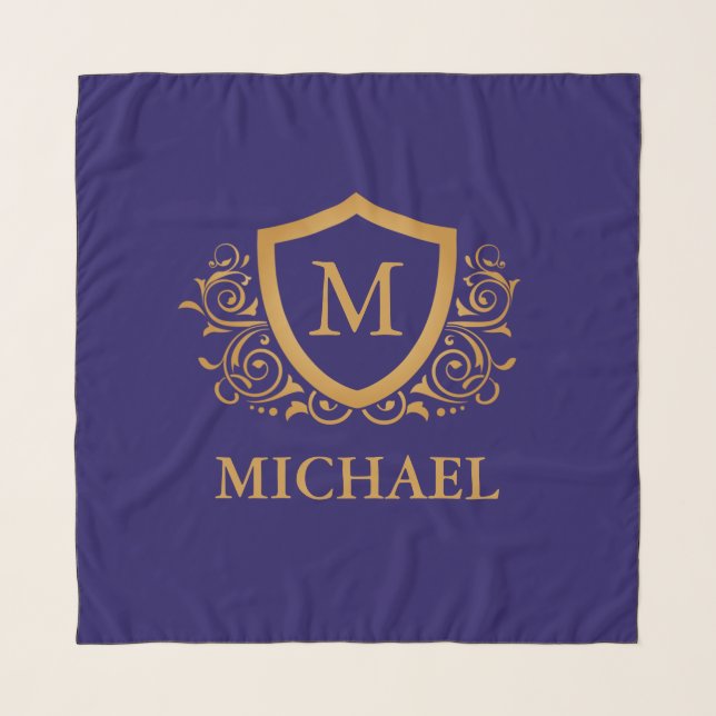 Navy Blue and Gold Personalized Monogram Name Scarf (Front)