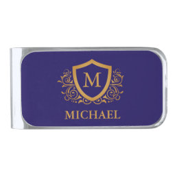Navy Blue and Gold Personalized Monogram Name Silver Finish Money Clip