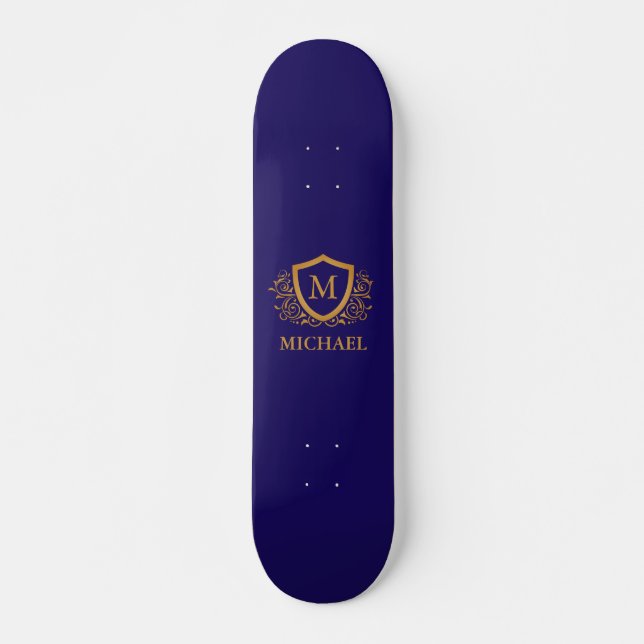 Navy Blue and Gold Personalized Monogram Name Skateboard (Front)