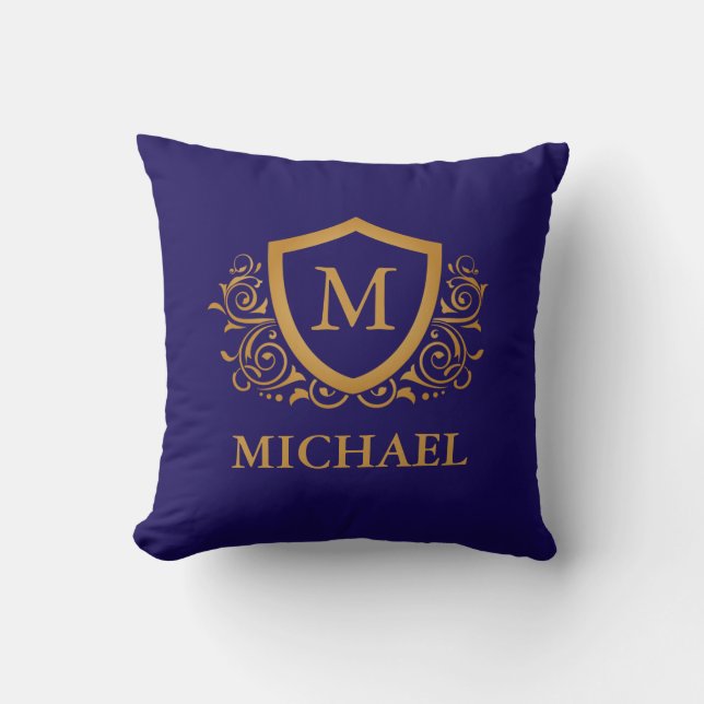 Navy Blue and Gold Personalized Monogram Name Throw Pillow (Front)