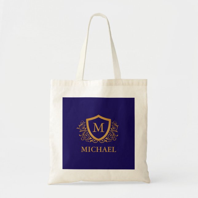 Navy Blue and Gold Personalized Monogram Name Tote Bag (Front)