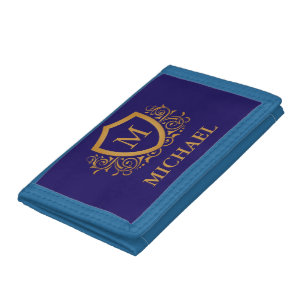 Navy Blue and Gold Personalized Monogram Name Tri-fold Wallet