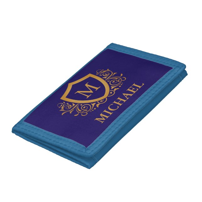 Navy Blue and Gold Personalized Monogram Name Trifold Wallet (Bottom)