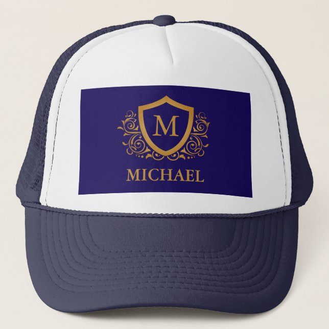 Navy Blue and Gold Personalized Monogram Name Trucker Hat (Front)