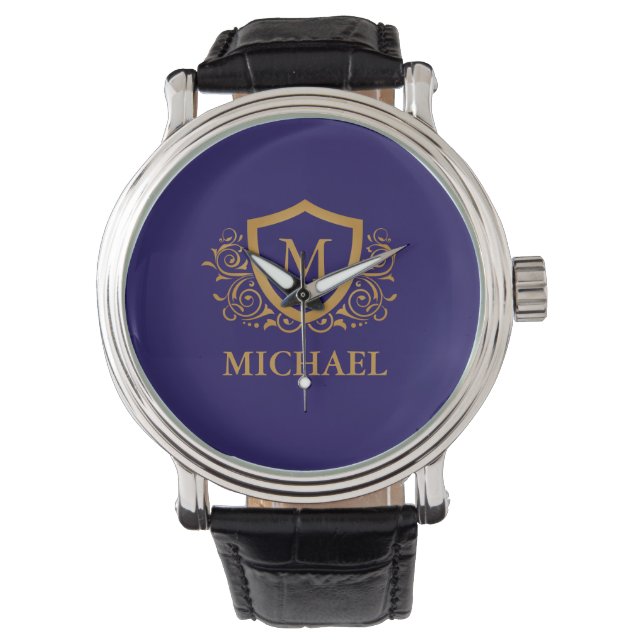 Navy Blue and Gold Personalized Monogram Name Watch (Front)