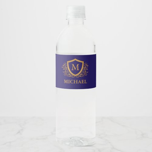 Navy Blue and Gold Personalized Monogram Name Water Bottle Label