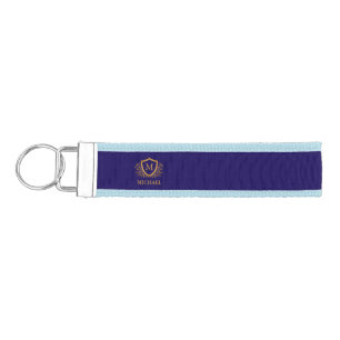 Navy Blue and Gold Personalized Monogram Name Wrist Keychain