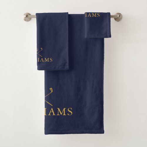 Navy Blue And Gold Personalized Name Golf Clubs Bath Towel Set