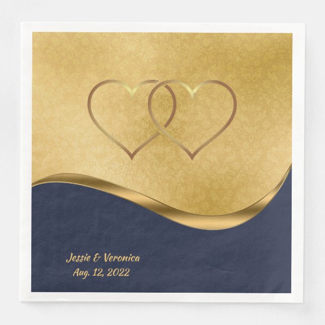 Navy Blue and Gold Personalized Wedding Paper Dinner Napkins (Front)