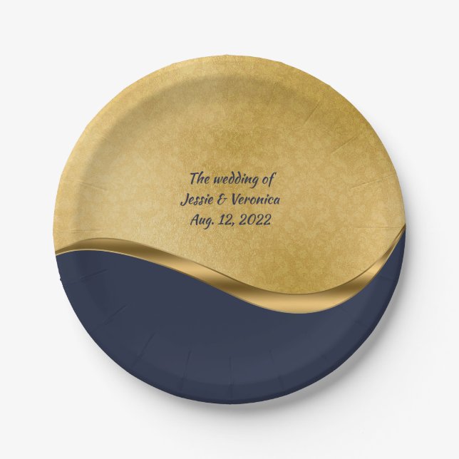 Navy Blue and Gold Personalized Wedding Paper Plates (Front)