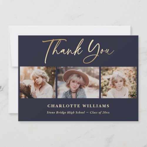 Navy Blue and Gold Photo Collage Graduation Thank You Card