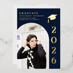 Navy Blue and Gold Photo Graduation Invitation Foil Invitation