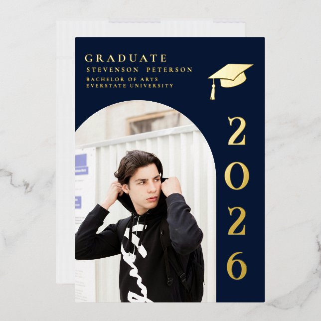Navy Blue and Gold Photo Graduation Invitation Foil Invitation (Envelope)