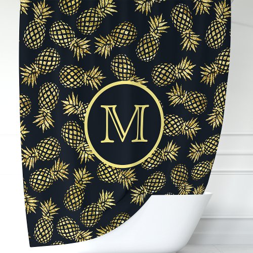 Navy Blue And Gold Pineapple Monogram Shower Curtain