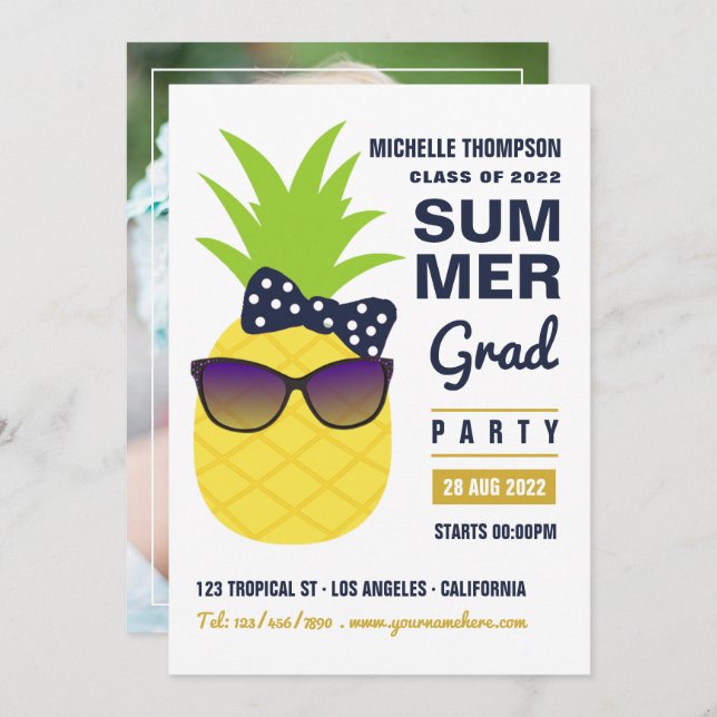 Navy Blue and Gold Pineapple Summer Grad Party Inv Invitation (Front/Back)