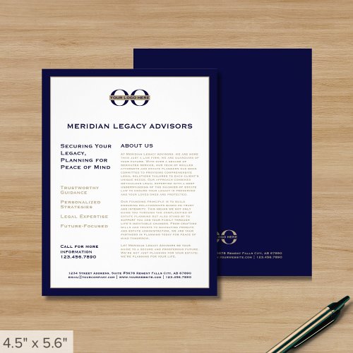 Navy Blue and Gold Promotional Flyer with Logo