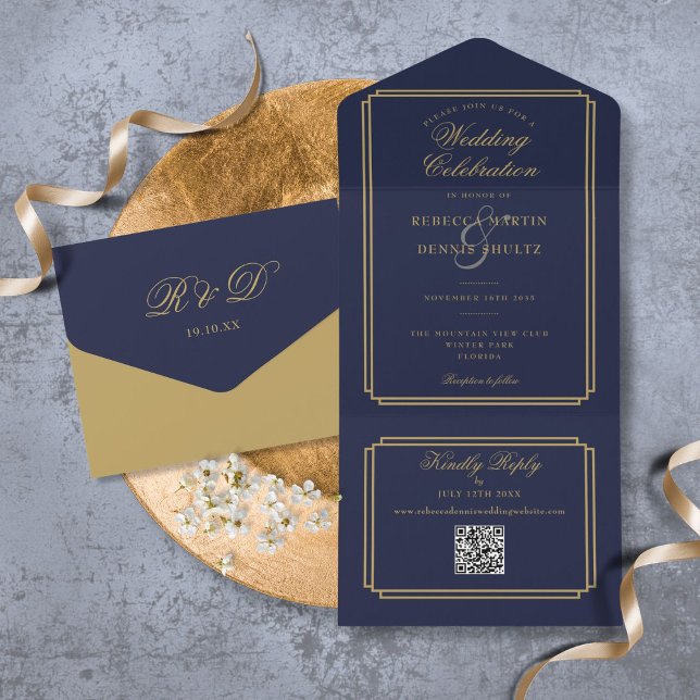 Navy Blue And Gold QR Code Art Deco Wedding All In One Invitation (Navy Blue And Gold QR Code Art Deco Wedding All In One Invitation)