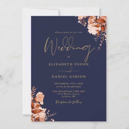 Navy Blue And Gold QR Code Fall Wedding Invitation