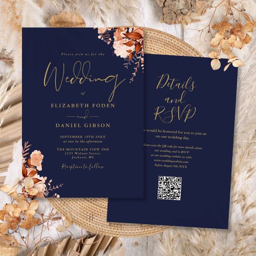 Navy Blue And Gold QR Code Fall Wedding Invitation