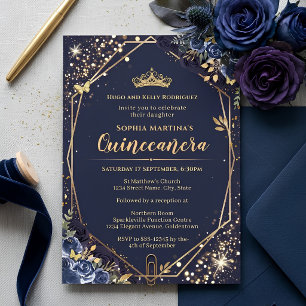 Navy Blue and Gold Quinceanera invitation